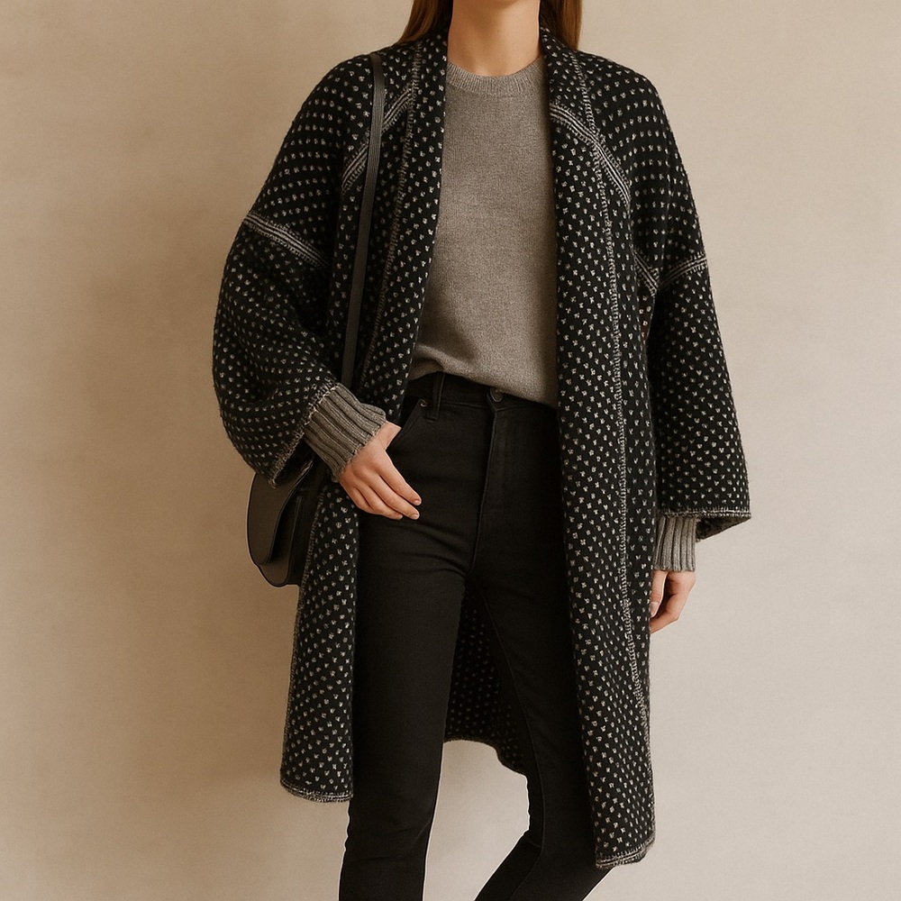 Chloe Black Wool & Cashmere Tweed Runway Oversized Cardigan Sweater Coat